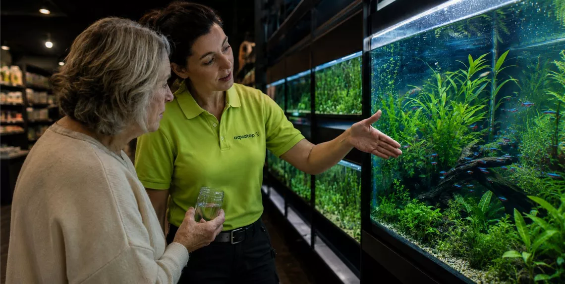 Beratung an den Aquarien im Aquatop Markt in Würselen
